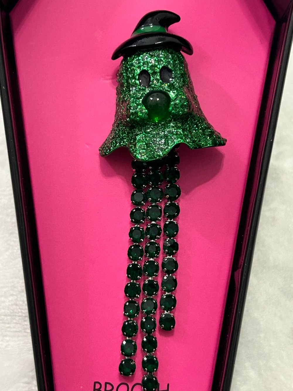 Betsey Johnson Green Glitter Ghost Rhinestone Dangle Brooch NWT - Picture 6 of 8